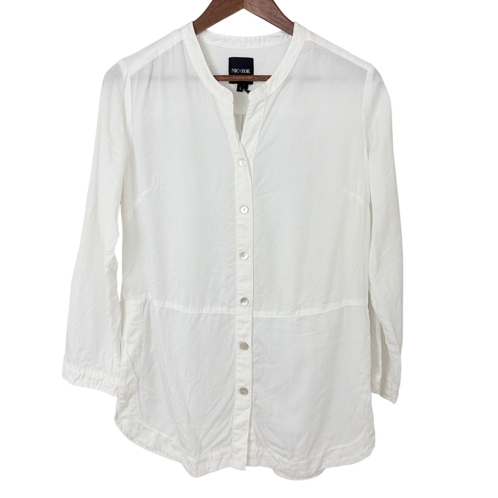 NIC+ZOE Button Up Tunic Women Size S White Lightweight Tencel Mandarin Collar